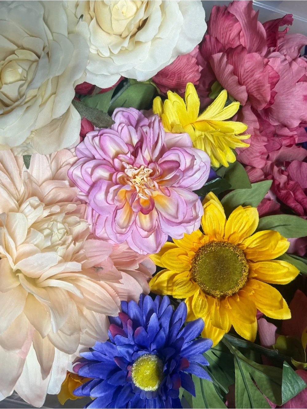 Assorted Silk Flowers bundle Bouquet - Pink, Yellow, Blue, Cream Flowers
